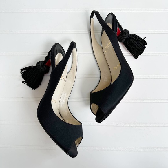 Christian Louboutin Shoes - Christian Louboutin Yoyo Black Satin Knot Tassel Open Toe Sandal Pumps Peep Toe